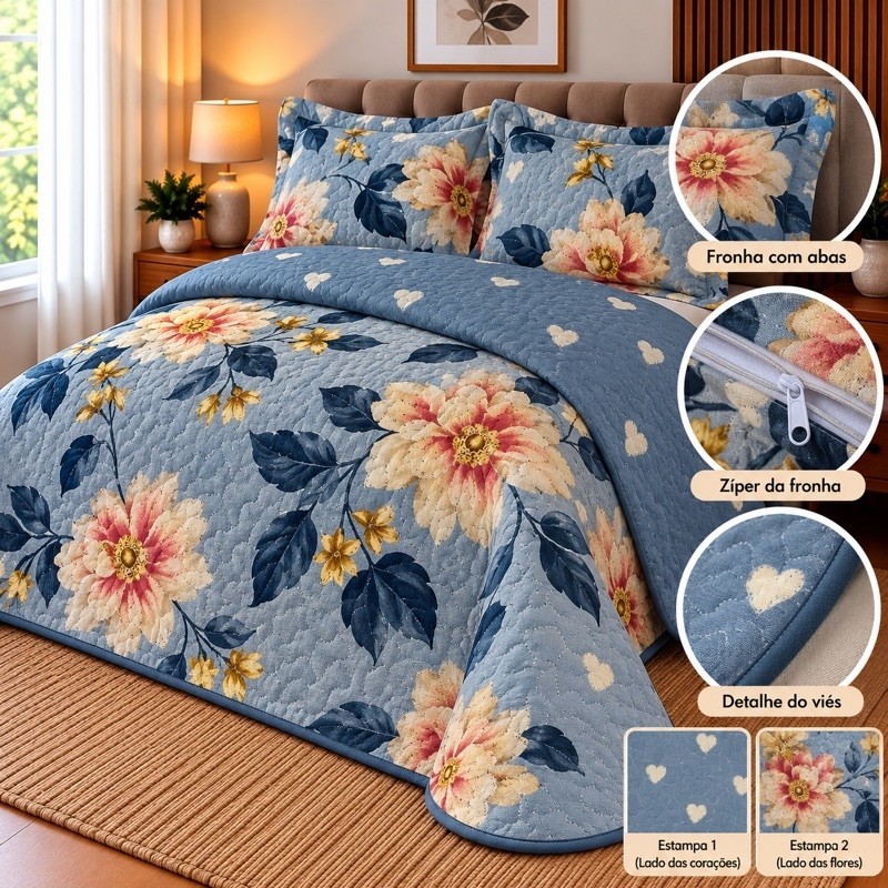 kit Colcha Cobre Leito Cama Casal Queen 3 Peças Diversas Estampas Oferta Relâmpago