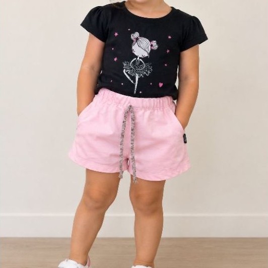 Conjunto Infantil Feminino Terra Kids Camiseta Preta e Short Rosa/Modelos Sortidos