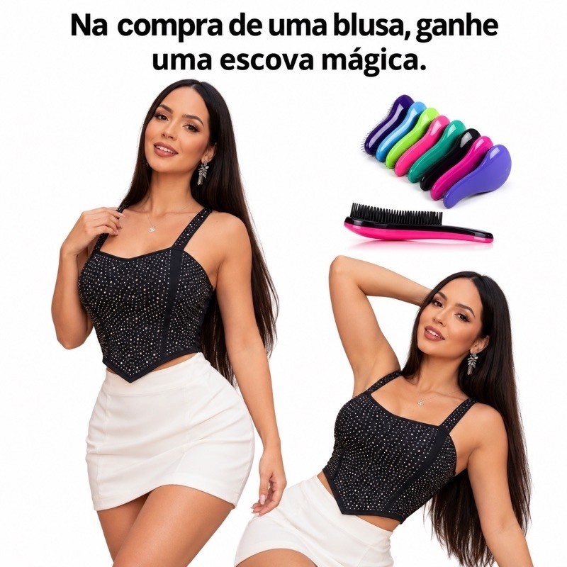 BLUSA BLUSINHA CROPPED CAMISETA TOP REGATA ALÇA GROSSA COM PEDRARIA CORSET MORCEGO BRILHO + GANHA UMA ESCOVA MÁGICA