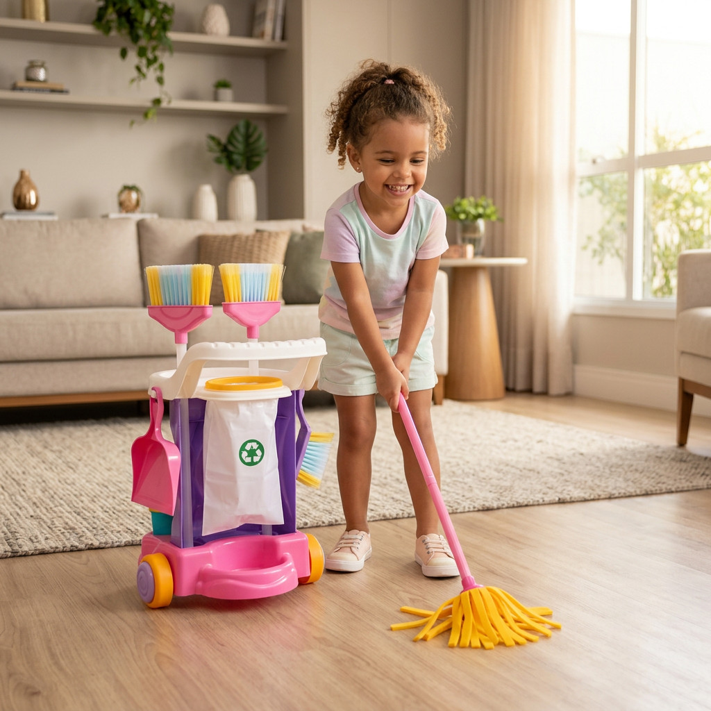 Carrinho Limpeza Infantil Rosa Com Acessórios Brincar De Casa Faz De Conta Presente Menina