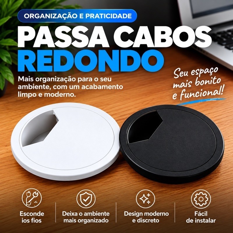 Passa Cabo de Mesa 60mm a 80mm 2 Peças Giratório Preto Organizador de Fios e Cabos para Escritório