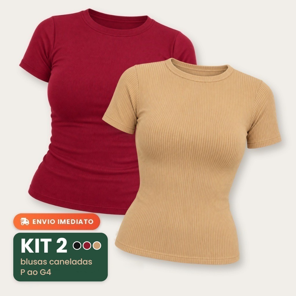 Kit 2 Blusas Feminina Canelada Manga Curta Casual Elegante Estilosa Baby Look Básica Decote Redondo Elastano Justa