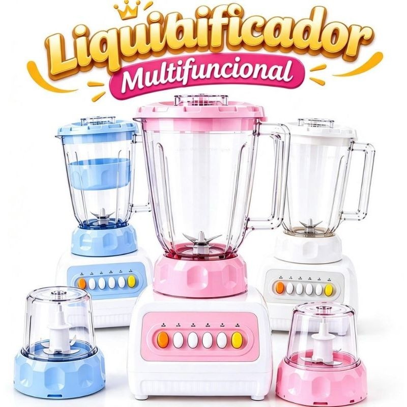 Liquidificador Multifuncional 2 em 1 com Mini Triturador Potente para Sucos Vitaminas Frutas e Alimentos Rosa Azul Branc