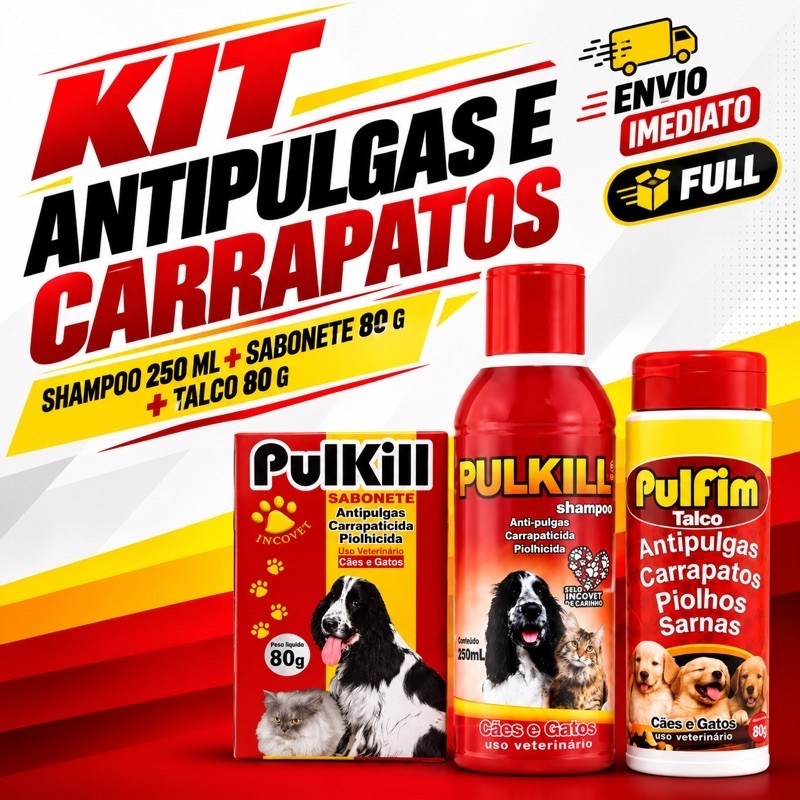 Kit Antipulgas e Carrapatos para Cães e Gatos PulKill Shampoo 250ml + Talco 80g + Sabonete 80g