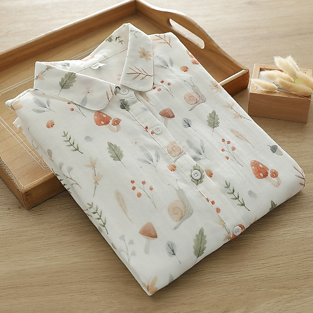 Mulheres De Alta Qualidade 100 % Algodão Fio Blusa Camisa Mori Cogumelo Impresso Mangas Compridas , Primavera Novo Casua