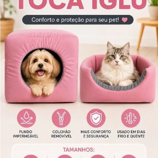 Cama para Gachorro Gato Toca Iglu Pet Tamanhos P M G GG Rosa chiclete, cinza, azul, marron