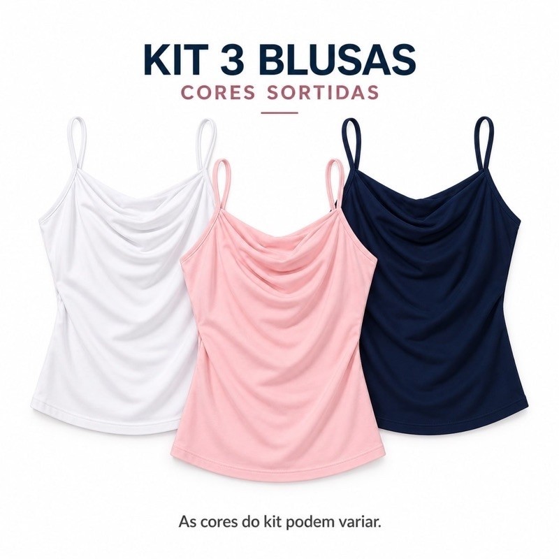 Kit 3 Blusas Feminina de Alcinha Decote Drapeado Regata Básica Lisa Casual