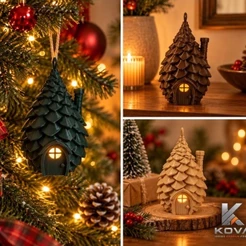 Chalé de Pinha Natalino Decorativo 3D – Enfeite para Árvore de Natal | Bege ou Marrom com mini vela Led – KOVA