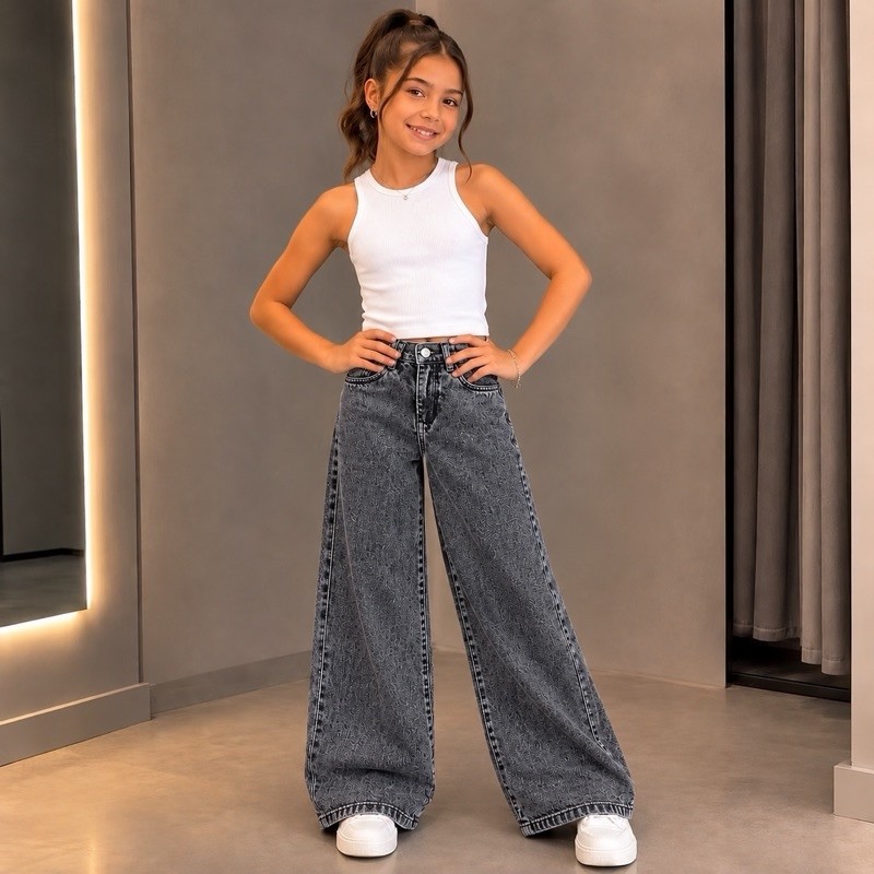 Calça Jeans Feminina Wide Leg Infantil Juvenil Tamanho 4 ao 16 Premium