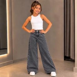 Calça Jeans Feminina Wide Leg Infantil Juvenil Tamanho 4 ao 16 Premium