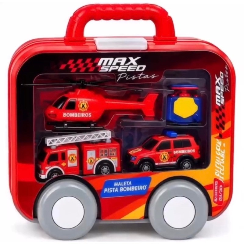 Pista de Carrinho Infantil com Maleta Lançador Helicóptero Carrinhos Brinquedo Educativo Portátil +3 Anos Bombeiro