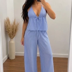 Conjunto Calça Pantalona e Cropped Regata Feminina Casual com Pescoço em Halter e Amarração Nas Costas Cropeed