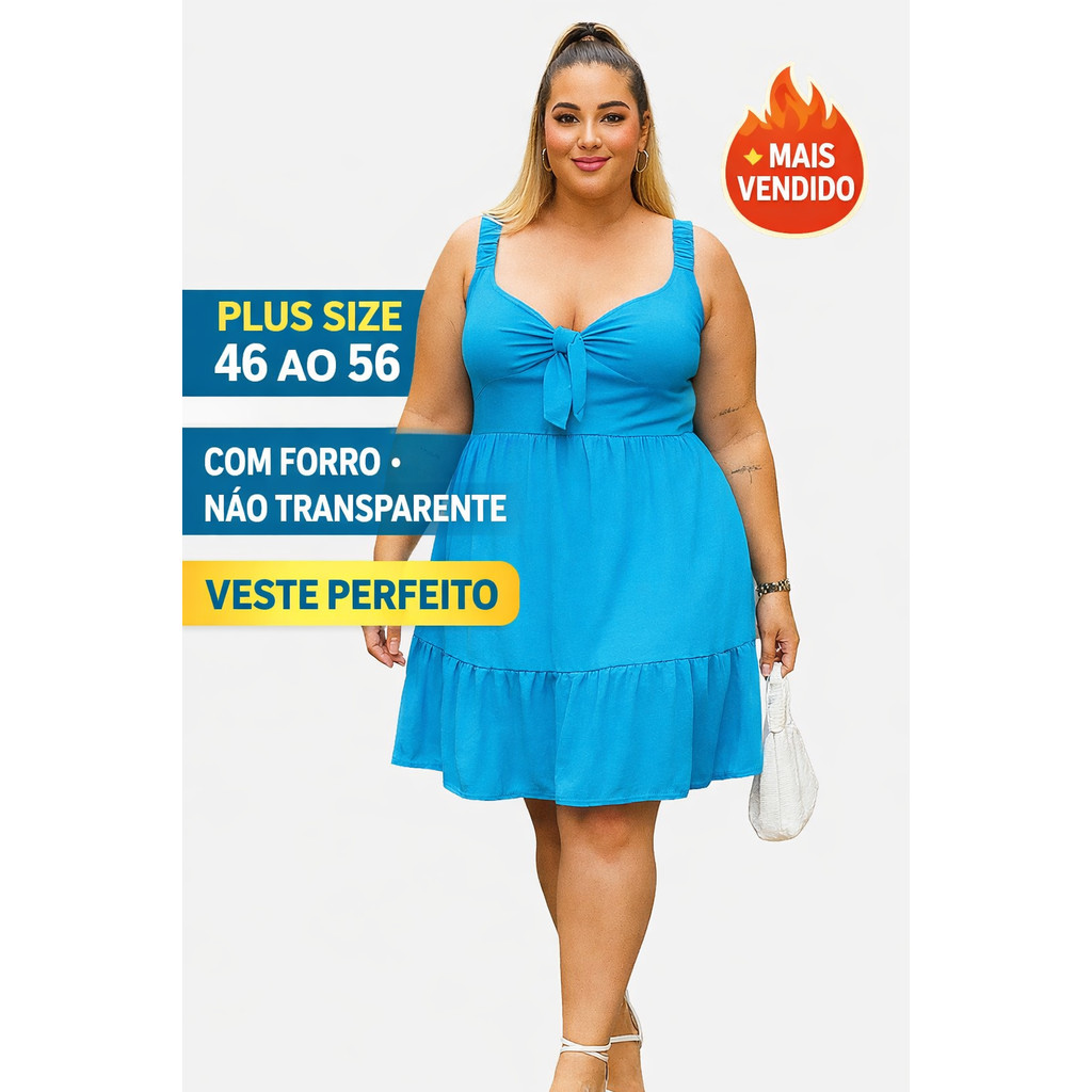 Vestido Plus Size Com Forro Crepe Em 4 Cores: Preto, Azul, Laranja Tangerina e Terracota