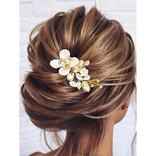 Pente de Cabelo para Noiva Catery Flower, Acessório Floral Dourado com Cristais, Presilhas Laterais para Noivas