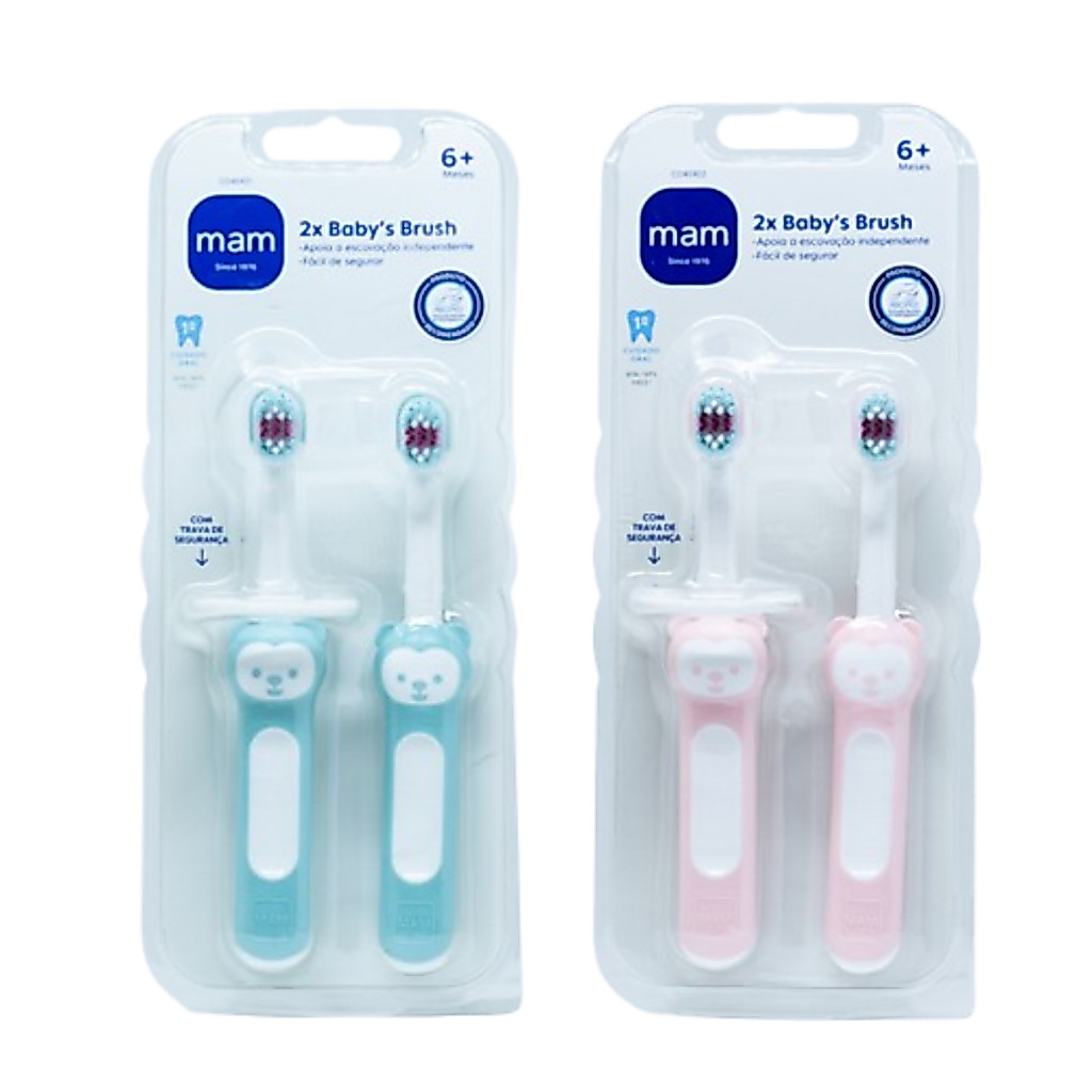 Kit Escova Dental Bebê Mam Baby's Brush 6+ Meses 2 Unidades Dentes Infantil Com Trava De Segurança