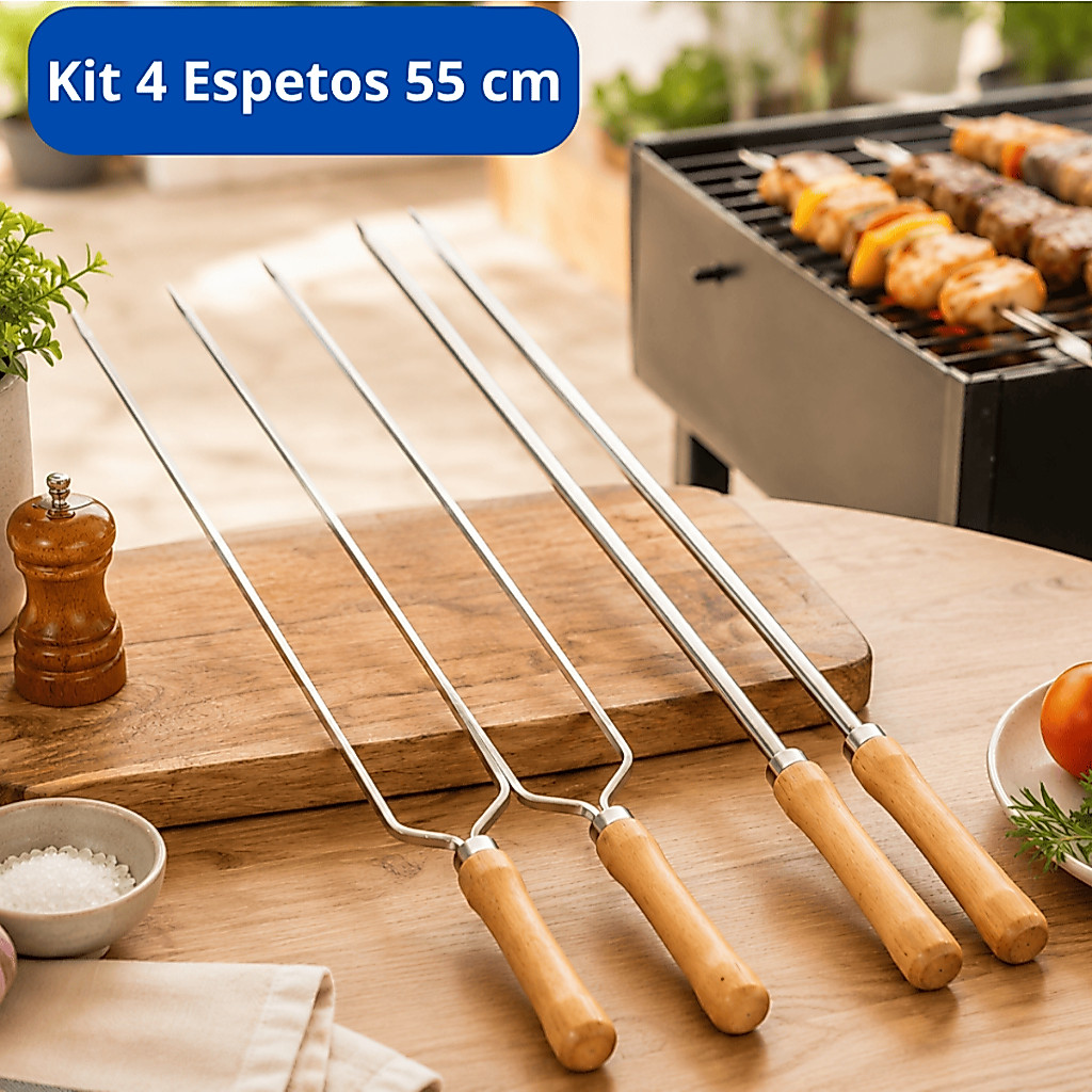 4 Espetos para Churrasco 55 cm Duplo E Simples Aço Cromado Cabo de Madeira Churrasqueiro Oferta