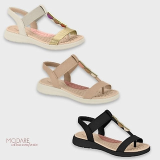 Sandália  Modare Elástico Pedraria Ortopédico Ultraconforto Preto e Branco/Dourado