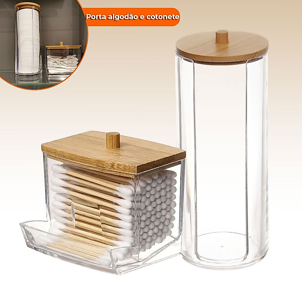 Organizador Algodão E Cotonetes Acrílico Tampa Bambu Kit HY5001/HY5002