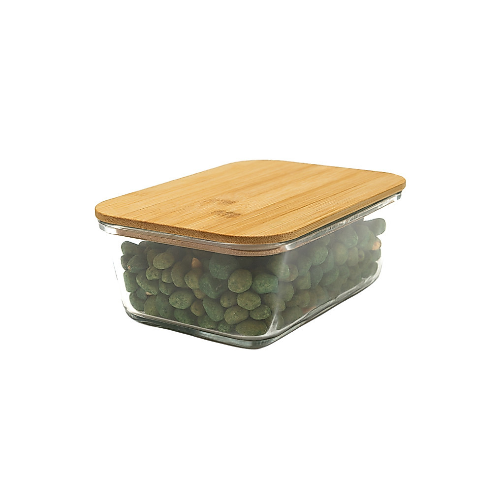 POTE 1500ML HERMÉTICO DE VIDRO COM TAMPA DE BAMBU RETANGULAR FLAT - TUD