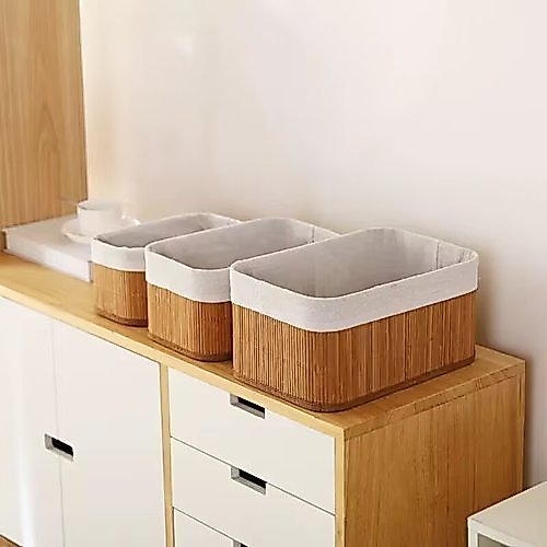 Conjunto Cestos Organizadores Bambu Natural Armazenamento Panos Papel Toalha