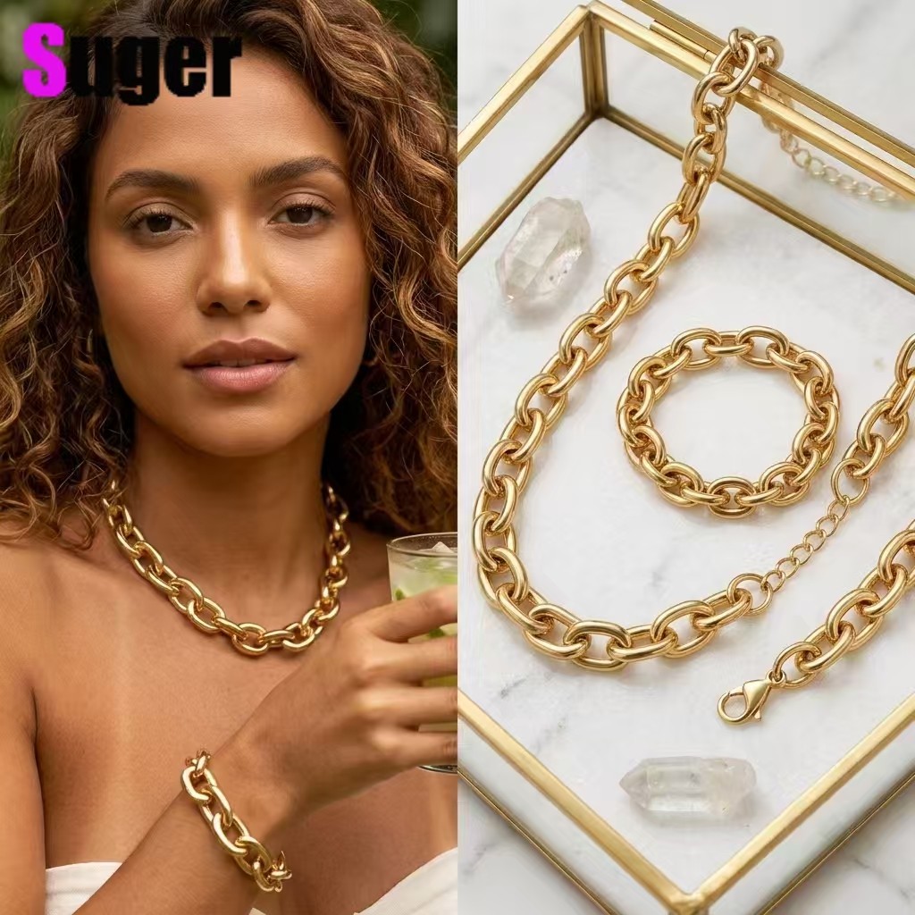 Conjunto Colar e Pulseira Corrente Grossa Dourado Aço Inoxidável, Unissex Modelo Moderno