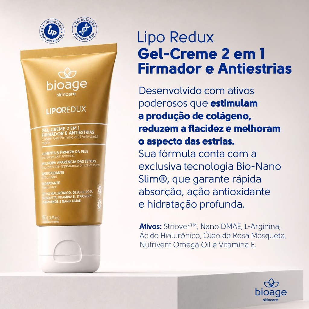 Gel-Creme 2 em 1 Bioage Lipo Redux Firmador Antiestrias 150g - Produtos Estéticos Corporais Alta Elasticidade — imagem 2 de 2