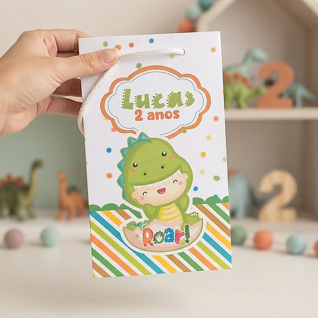 Sacolinhas Personalizada Pequena Dinossauro Baby Dino Personalizado Com Nome e Idade Festa Infantil Lembrancinha