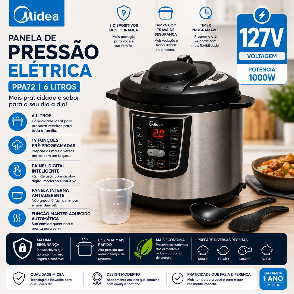 Panela de Pressão Elétrica Midea PPA71 6L Digital Inox 1000W – 127V