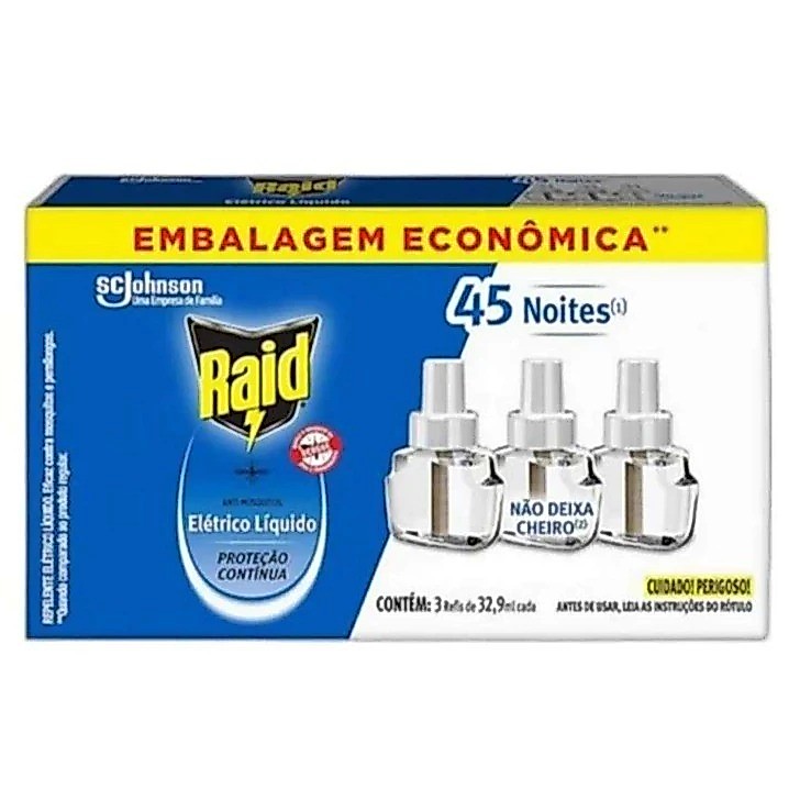 Refil Raid Repelente Para Aparelho Elétrico Líquido 45 Noites C/3 De 32,9ml Não Deixa Cheiro