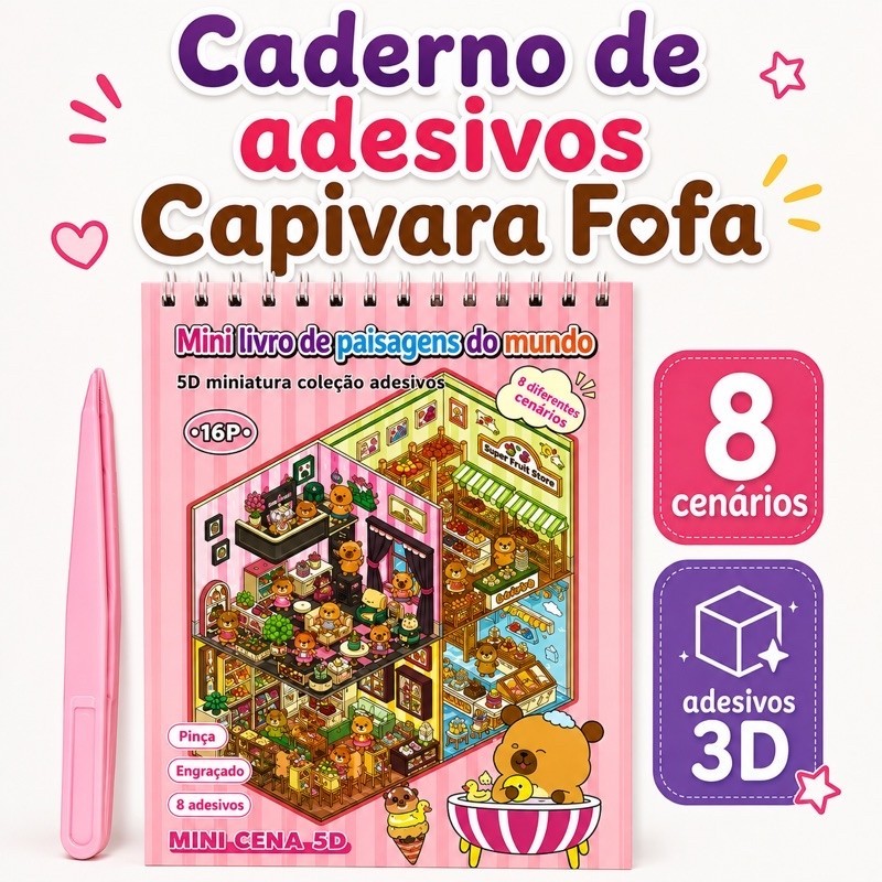 Livro Adesivos 3D Capivara: 8 Cenários + Pinça – Caderno de Decoracão Dinâmica para Criar Mundos Minúsculos