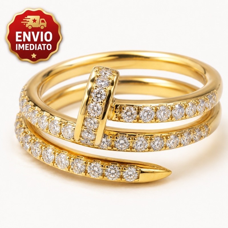 Anel Feminino Banhado a Ouro 18K Cravejado Zircônia Ajustável Prego Espiral Semijoia Folheado Luxo Presente