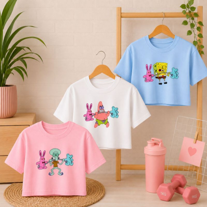 Kit 3 Cropped Feminino Bob Esponja Blusinha Camiseta Fitness Academia Estampada Algodão Macio Confortável Look Esportivo