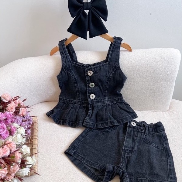 Conjunto Infantil Menina Jeans Short + Blusa | Look Infantil Feminino Casual e Estiloso