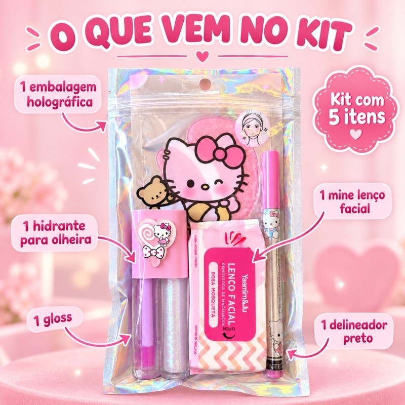 Kit Beleza Infantil Teen 5 Itens Gloss Lenço Demaquilante Delineador Hidratante Para Olheiras