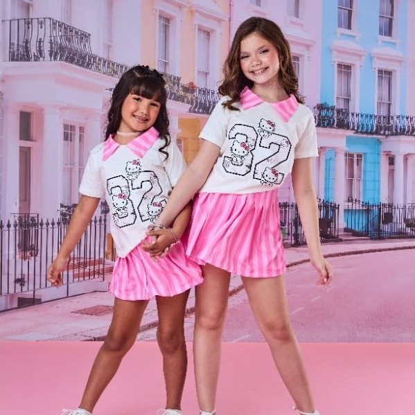 Conjunto Infantil Menina T-Shirt e Short Saia Listrado Rosa  Hello kitty | Look Infantil Feminino | Roupa Infantil