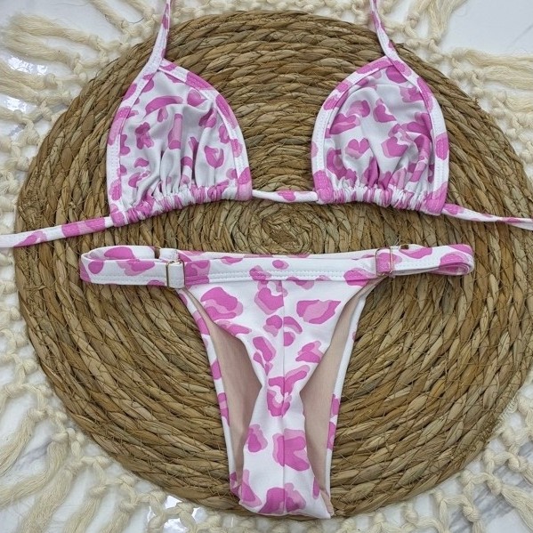 Biquíni Cortininha Estampado Fio Dental Marquinha de Fita Regulável Forrado Feminino Moda Praia Verão