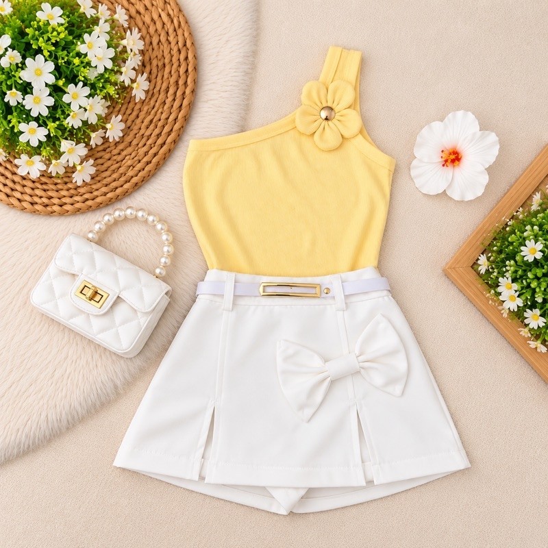 Conjunto Infantil  Menina Estilosa Blogueirinha Short Saia Laço Blusa Canelada Flor Delicada  Passeios Verão