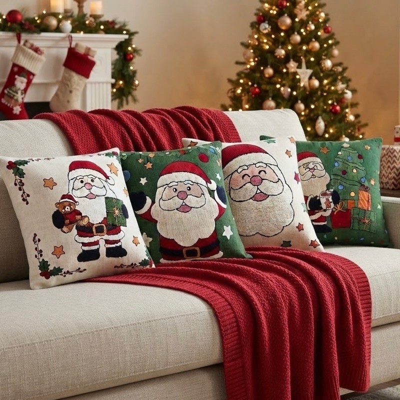 Kit 4 Capas de Almofada Natal 45x45cm Linho Decorativa Natalina Sofá Quarto Decoração