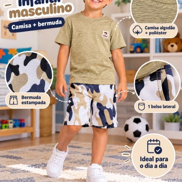 Conjunto Infantil Masculino Bermuda Moletom Camisa Algodao / Conjunto Kids Menino Bermuda Estampada e Camisa  Algodão