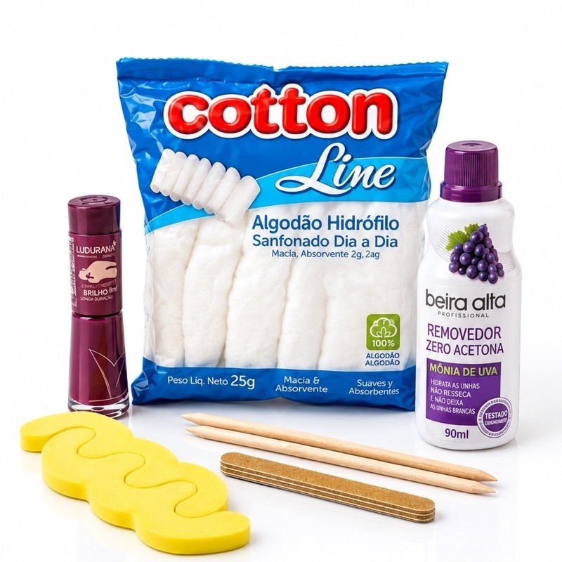 Kit Completo para Unhas com Esmalte Ludurana+ Acetona Beira alta 90ml + Lixas + Palitos e Algodão Cotton