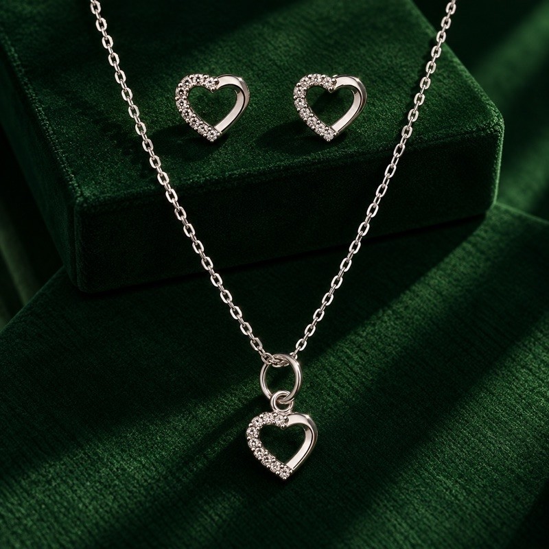 Conjunto Coração Cravejado e Liso em Prata 925