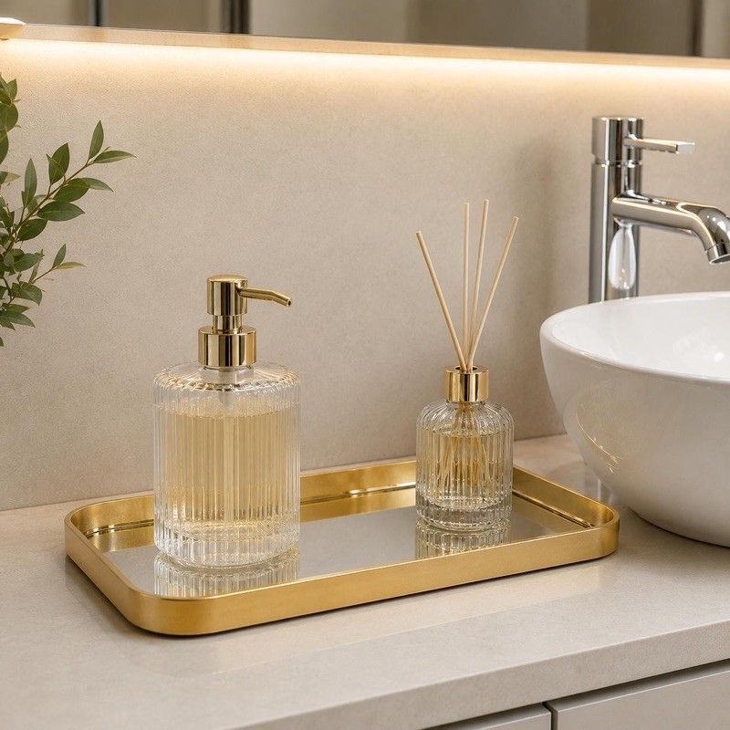 Bandeja Decorativa Retangular com Espelho Dourada | Organizador de Perfumes, Maquiagem, Cosméticos, Lavabo e Banheiro