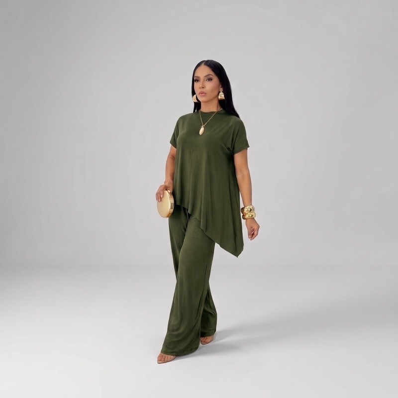 Conjunto Feminino Pantalona e Blusa Assimétrica Viscolycra Elegante - Conjunto Jade