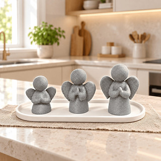 Kit 3 Anjos + Bandeja Decoração Cristã Enfeite de Mesa Balcão Decorativo Religioso em Impressão 3D Premium