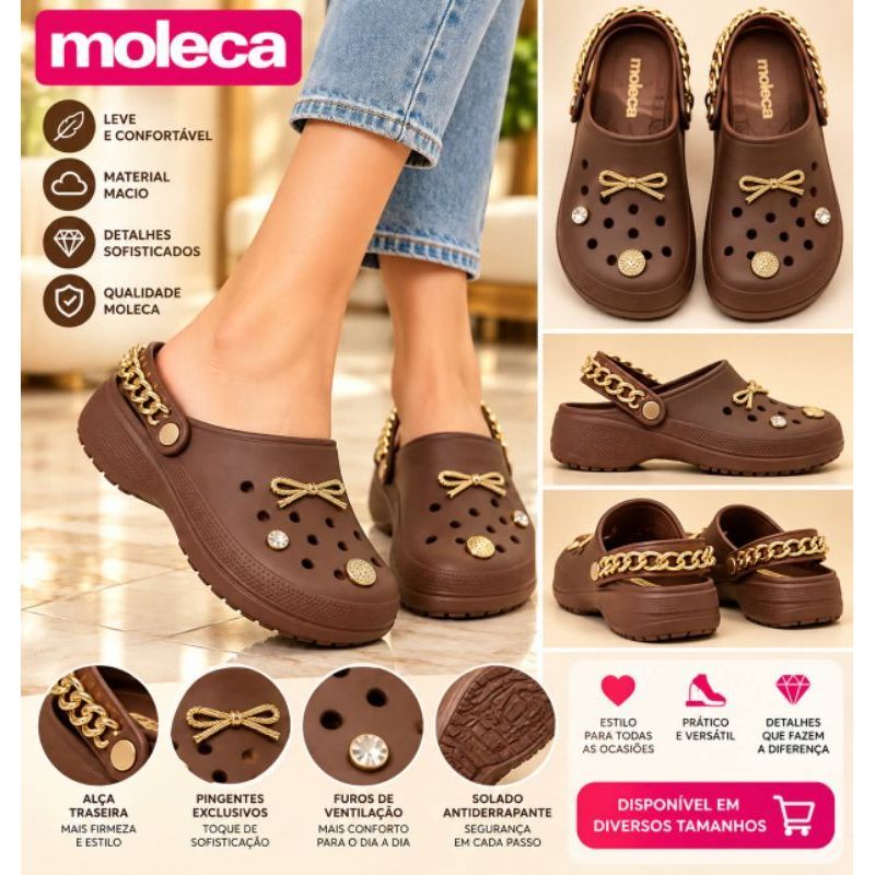 Sandália Babuche Feminina Moleca Original Plataforma com Pingentes Dourados Confortável e Estilosa