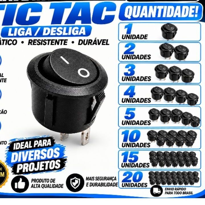 Chave Tic Tac Gangorra Redonda 2 Estágios Liga Desliga  12V-24V ou 127V-220V Automotiva Residencial
