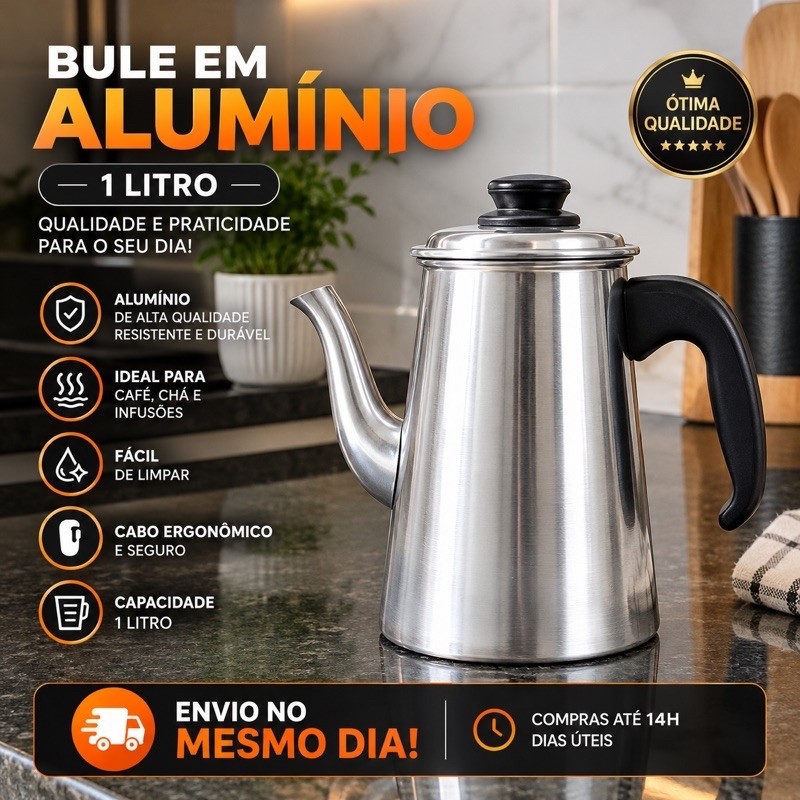 Bule de Alumínio 1 Litro para Café e Chá Chaleira Alumínio Resistente com Cabo Ergonômico