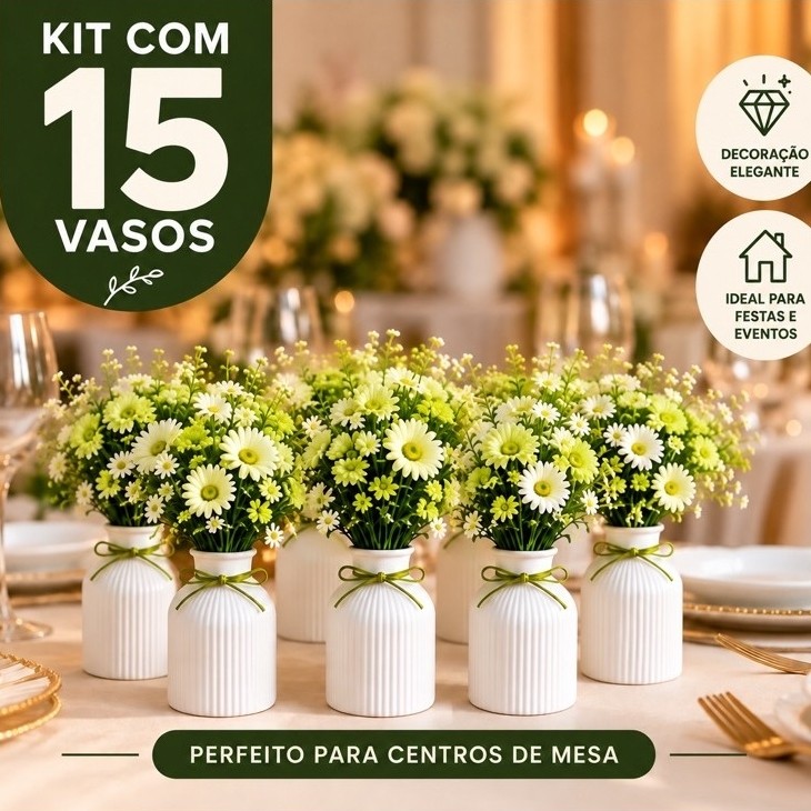 Kit com 15 vasos de gesso para centros de mesa, decoração, casamentos, chás de bebê e aniversários.