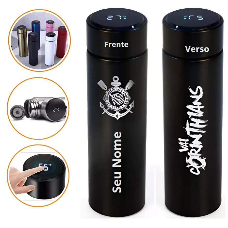 Garrafa Térmica Inox Com LED e Nome Personalizado Corinthians Vai Corinthians 500ml + Chaveiro