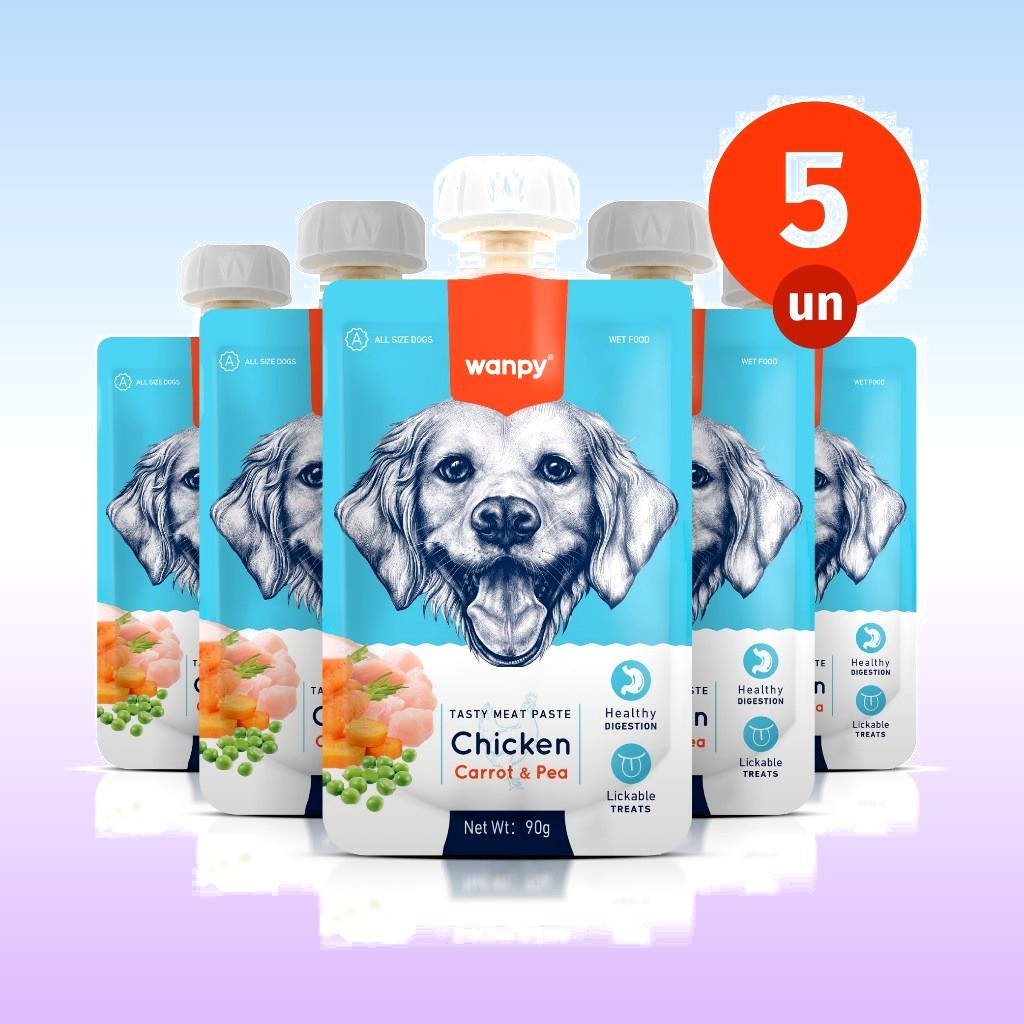 Kit 5 Petisco Truly Wanpy Creamy Sachê para Cães Frango, Cenoura e Ervilha 90 G